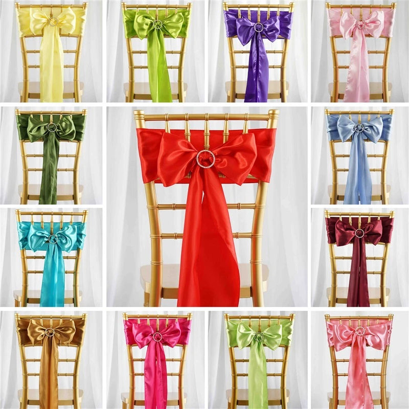 Satin chair sash ties with bows, assorted colors for wedding reception decor