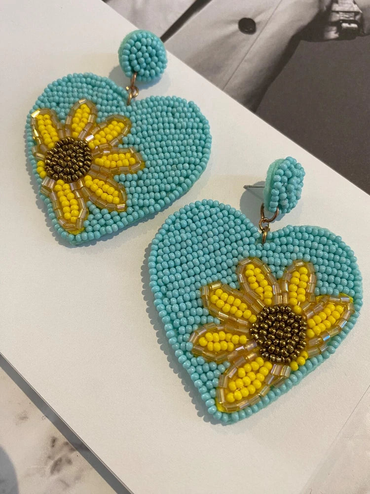 Latoir Fashion Blue Beaded Rhinestone Love Heart Sun Flower Statement Earrings Sunflower