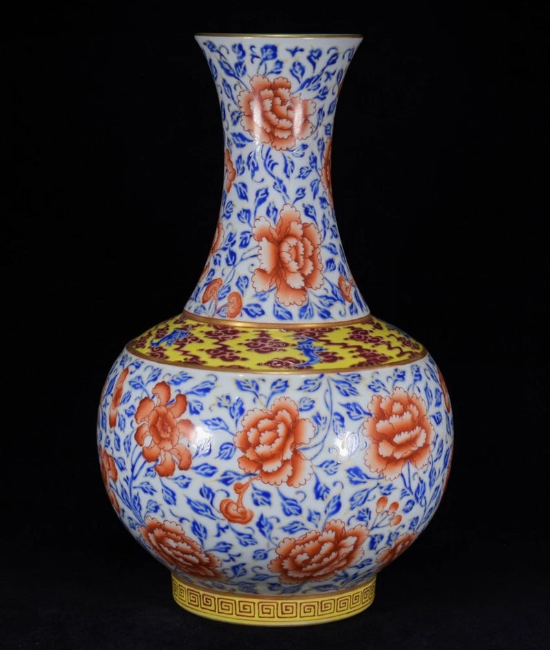 Blue and orange porcelain peony flower vase with narrow neck and gold rim