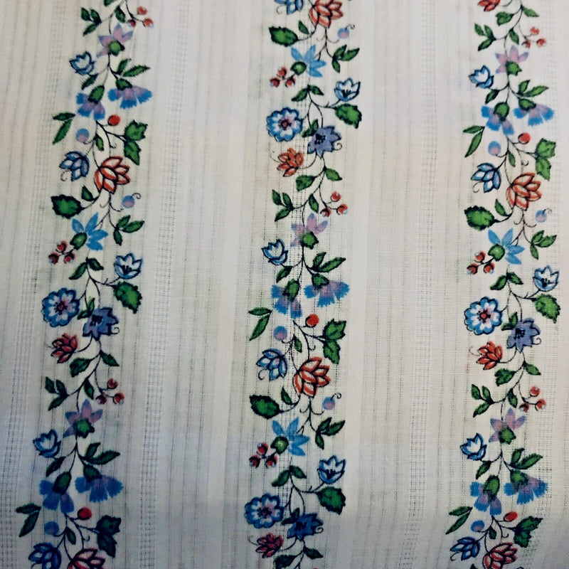VTG Purple Green Blue & Red Florals Wallpaper Stripe on Blue Gray Dimity BTHY Flowering Plants