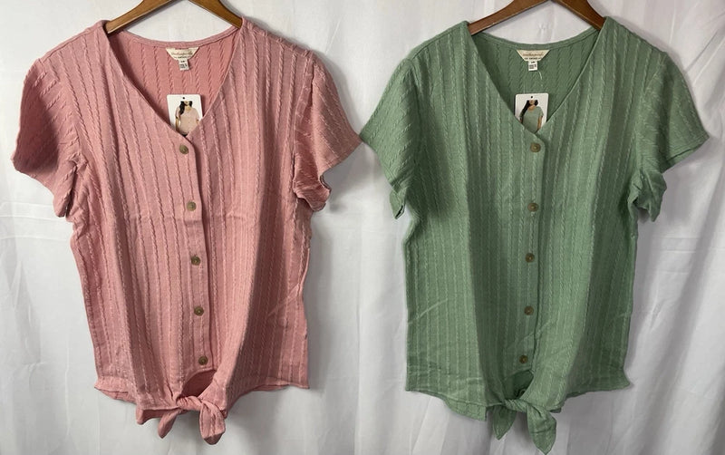 Ladies tie-front button shirt in pink and green, ribbed short sleeves, front tie