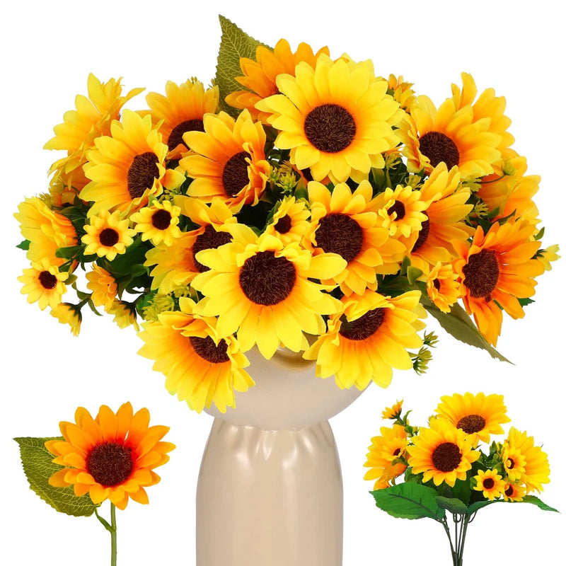 Artificial yellow sunflowers with dark centers and green leaves on bendable stems in white vase