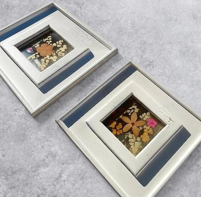 Set of 2 pressed flower framed wall art, white frames with blue mats and floral prints