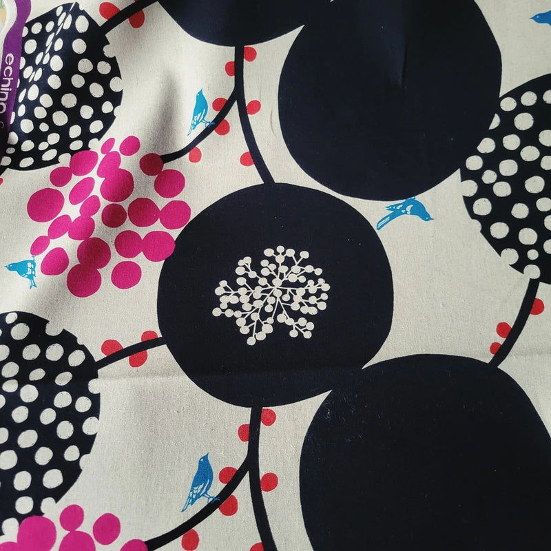 'Big Berry' 2 Echino Cotton-Linen Duck Cloth w/ Large Berries, Tiny Birds- Japan Flowering Plants