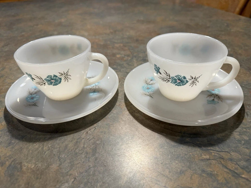 Vintage Fire King Cup & Saucer Bonnie Blue Carnation Flower Coffee Tea Set of 2 Carnation