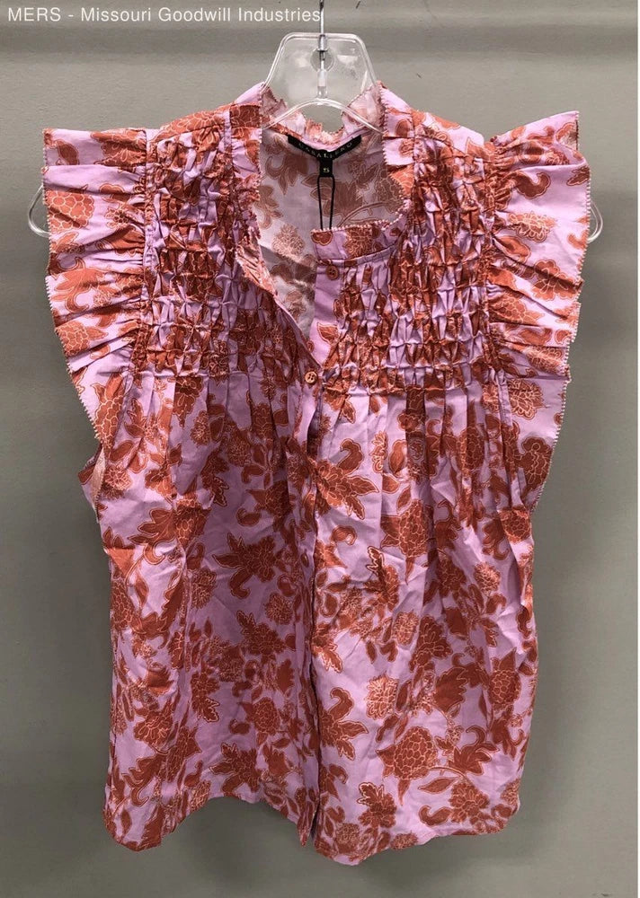 Pink and red floral ruffle blouse with wide frilled sleeves and buttoned collar
