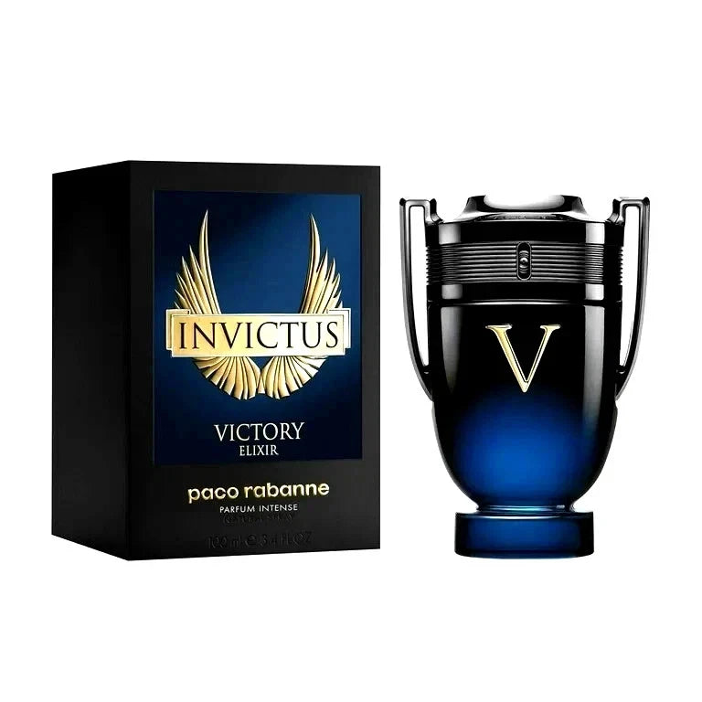 Blue parfum intense bottle with silver cap and dark box with gold Invictus Victory logo