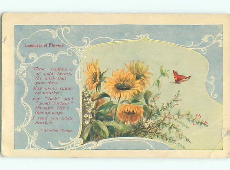 Signed vintage sunflower artwork with red butterfly, cream border and floral script panel