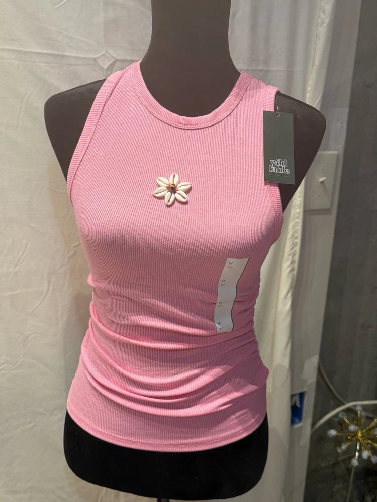 Pink ribbed tank top with flower shell embellishment and side ruching, scoop neck