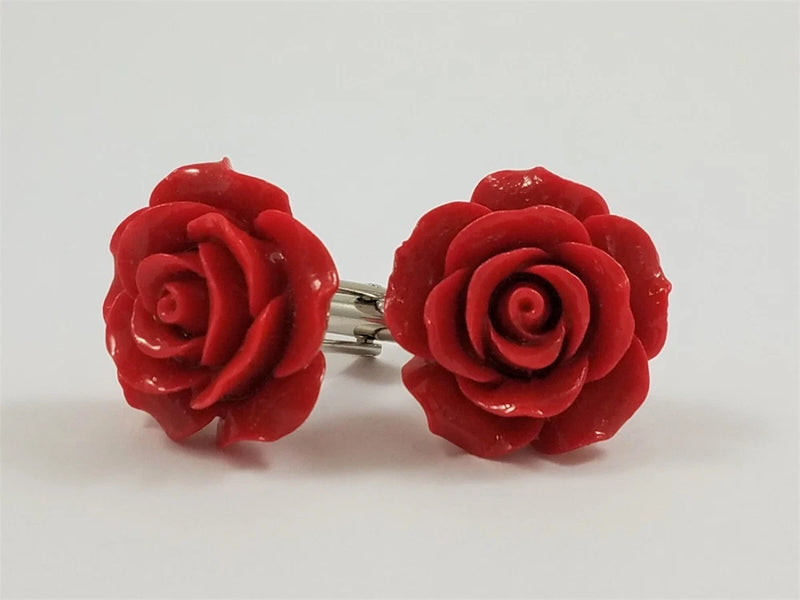 Red rose cufflinks with spiral center and silver backing