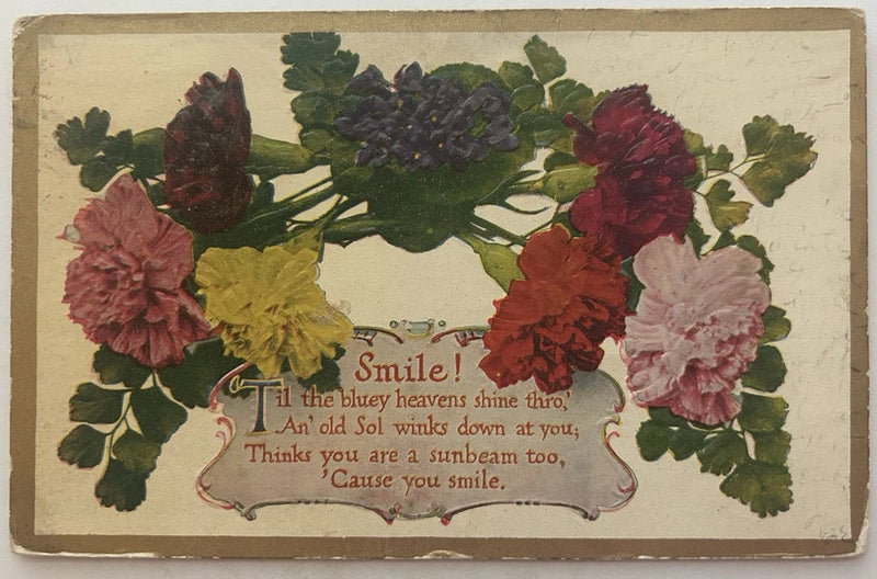 Antique postcard with embossed carnation flowers and 'Smile!' greeting text