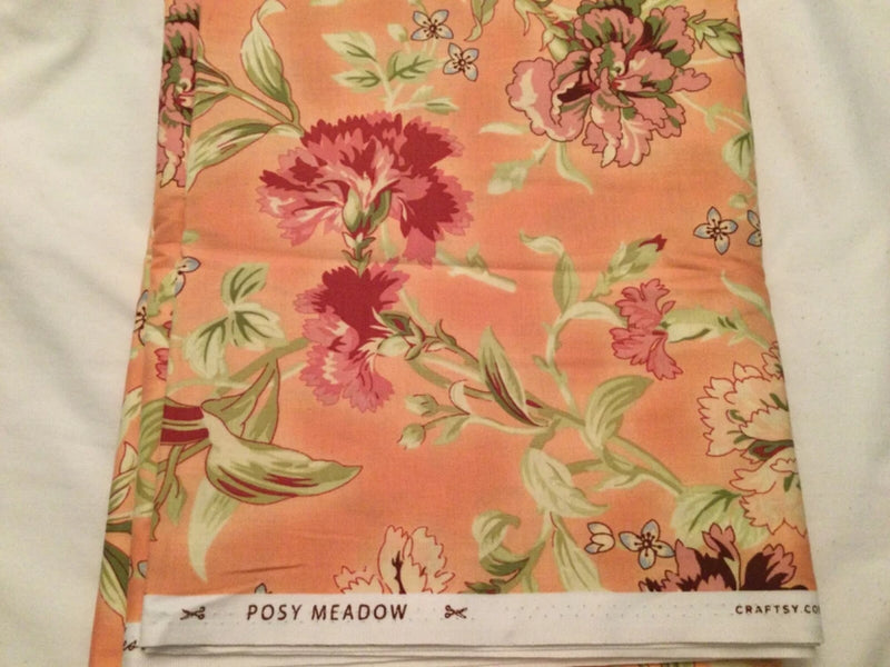 Quilt Fabric Cotton 35Ó Peach Coral Green Flowers Boundless Posey Meadow Floral Flowering Plants