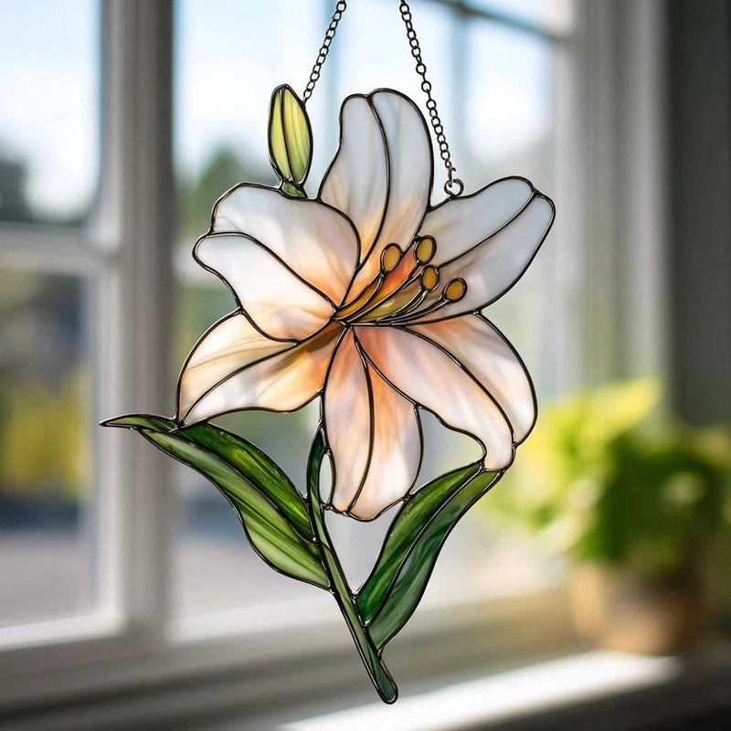 Acrylic lily flower window hanging with chain, white petals, orange center, green leaves