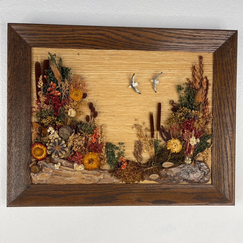Natural Dried Flower Wall Art Picture Pine Cones Cattails Birds Bark Framed VTG Dried Flower