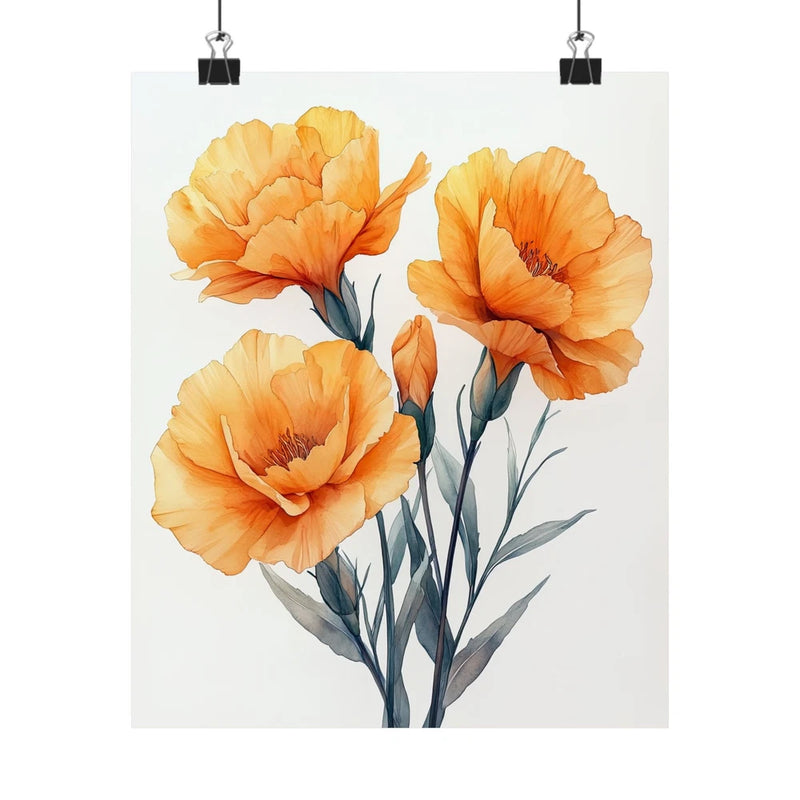 Floral art print poster with orange-yellow carnations and blue-green stems on light background