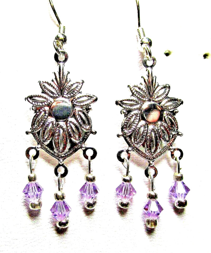 Silver-tone sunflower drop pierced earrings with violet crystal bead dangles
