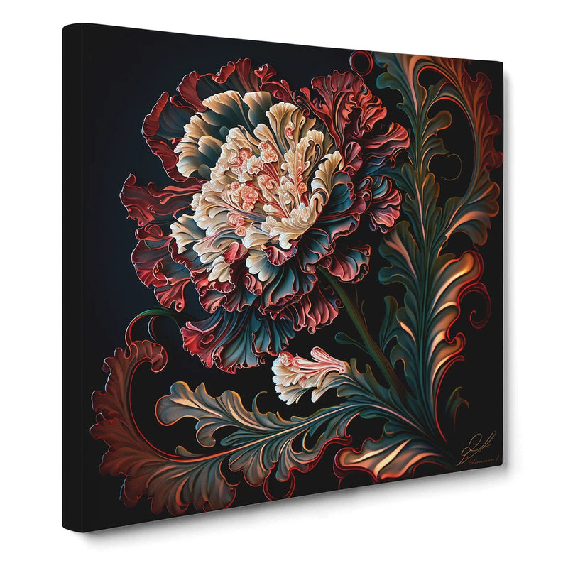Framed canvas wall art with red, cream and teal carnation paisley flower on dark background