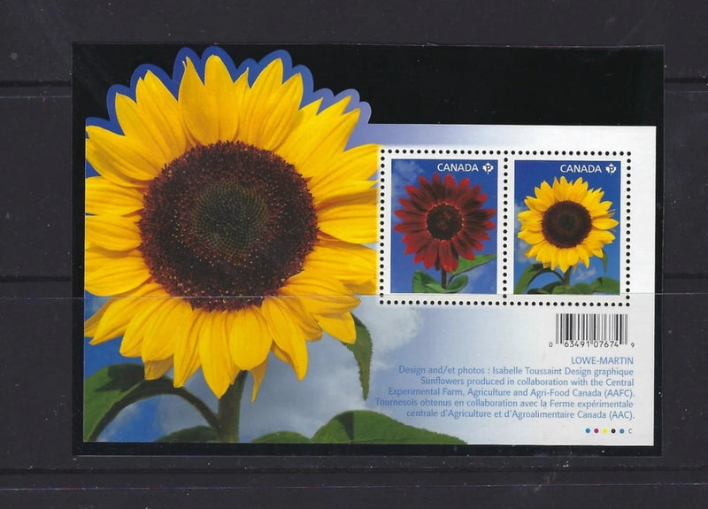 MNH sunflower souvenir stamp sheet with two Canada flower stamps in clear cover