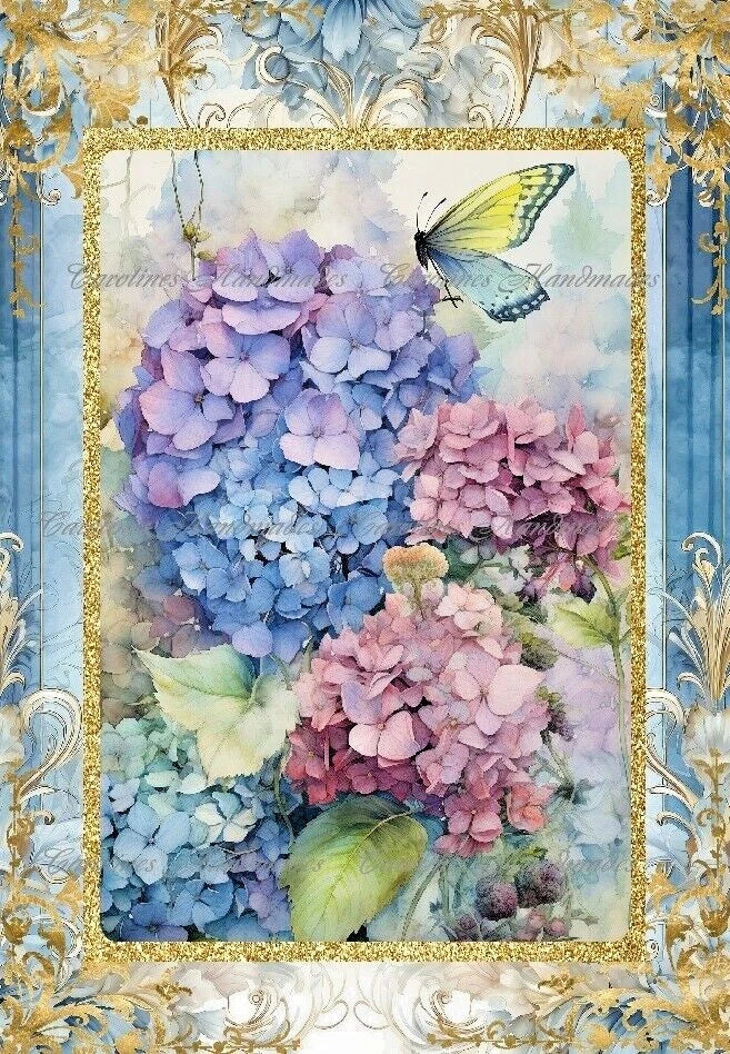 Hydrangea Flowers & Butterfly Designer Cotton Fabric Quilt Block Multi-size Hydrangea