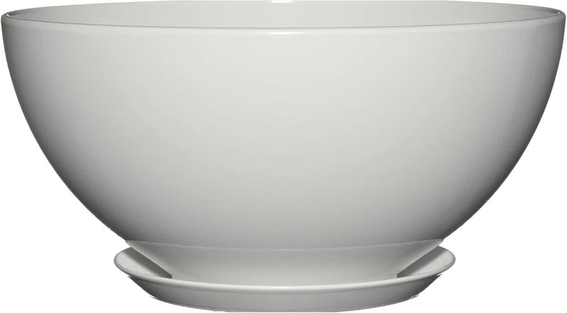 Modern gray garden planter with wide rim and round base