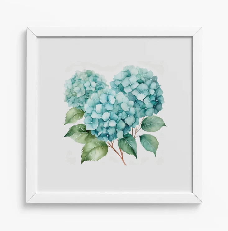 Framed Teal Hydrangea Art Print 12x12" White Wooden Frame Watercolor Style NEW Hydrangea