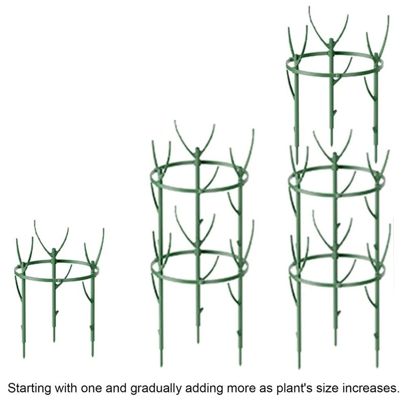 Green metal plant trellis cage with ring hoops and vertical stakes for climbing plants