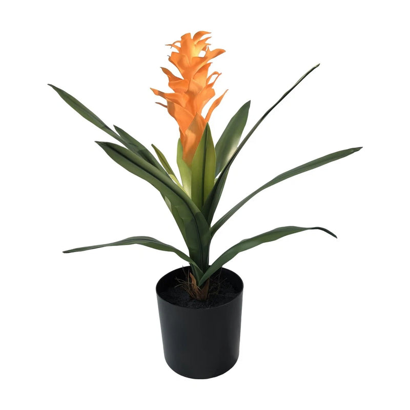 Artificial bromeliad plant in black pot with orange flower and green leaves
