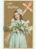 Light blue Easter dress with large bow, girl holding white lily bouquet