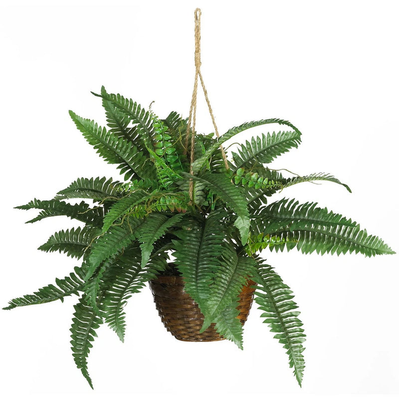 Hanging artificial silk fern basket with green leaves and woven tan pot