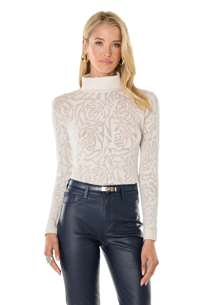 Ivory rose-print turtleneck top with long sleeves