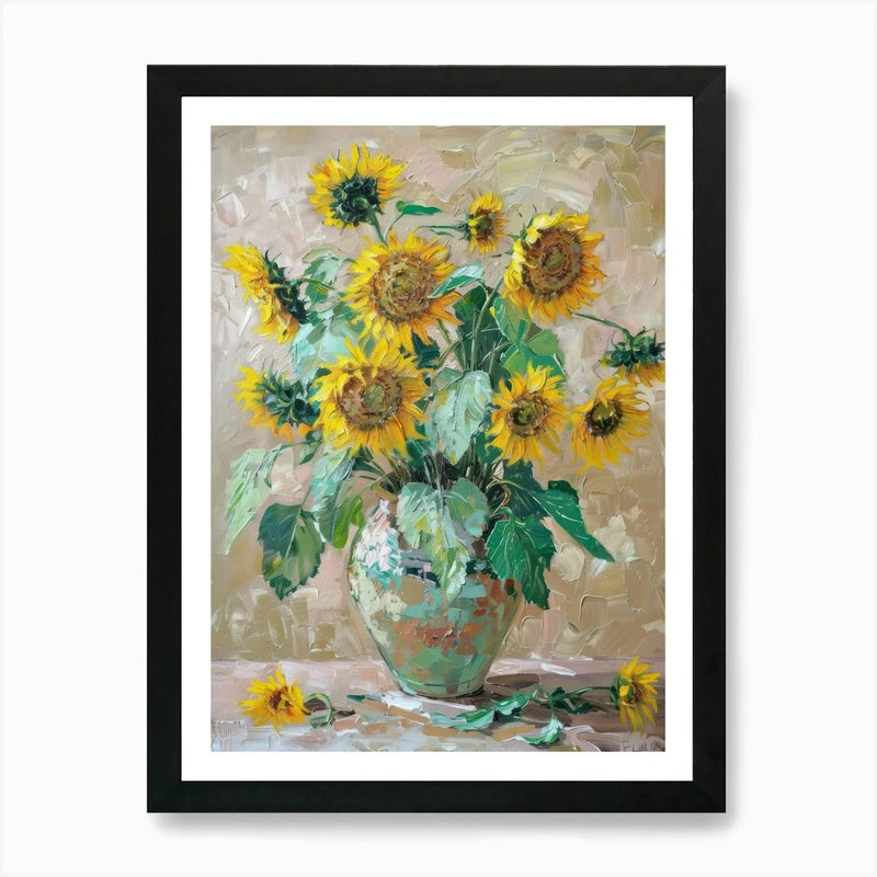 Framed wall art print of yellow sunflowers in a vase