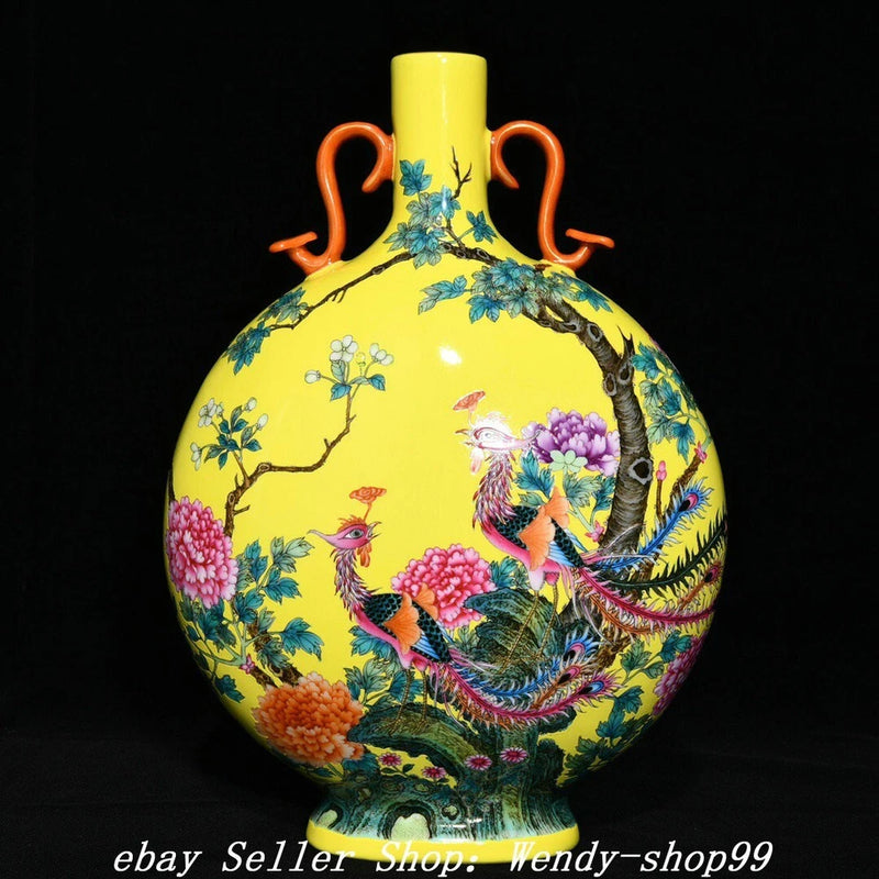 Yellow porcelain vase with phoenix and peony, blue-green floral details, curved handles