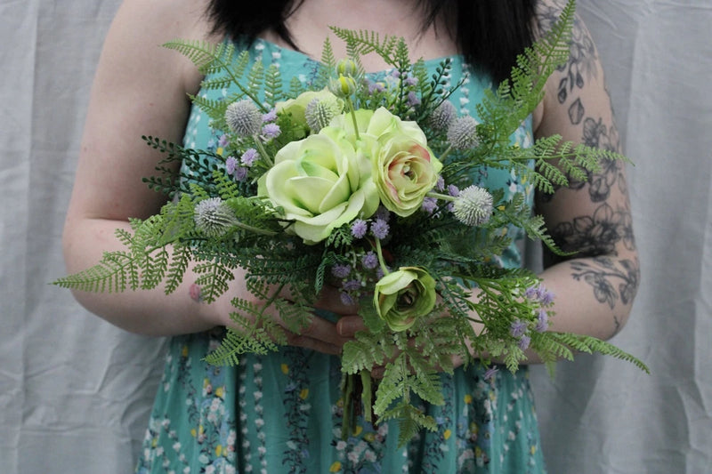 Light green rose & ranunculus w/ lavendar hints w/ matching boutonniere Ranunculus