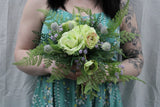 Light green rose & ranunculus w/ lavendar hints w/ matching boutonniere Ranunculus
