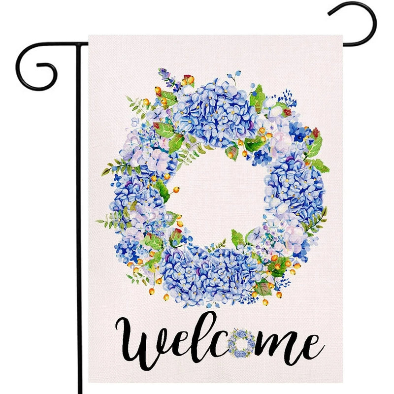 Welcome Blue Hydrangea and Berries Wreath Small Garden Flag Vertical Double S... Hydrangea