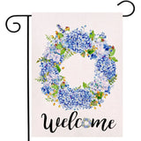 Welcome Blue Hydrangea and Berries Wreath Small Garden Flag Vertical Double S... Hydrangea