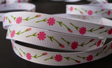3/8"  pink Carnation Flower on white grosgrain RIBBON 1 yd party wrap gift bow Carnation