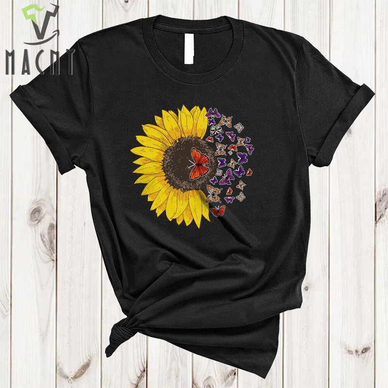 Black t-shirt with sunflower graphic and colorful butterflies
