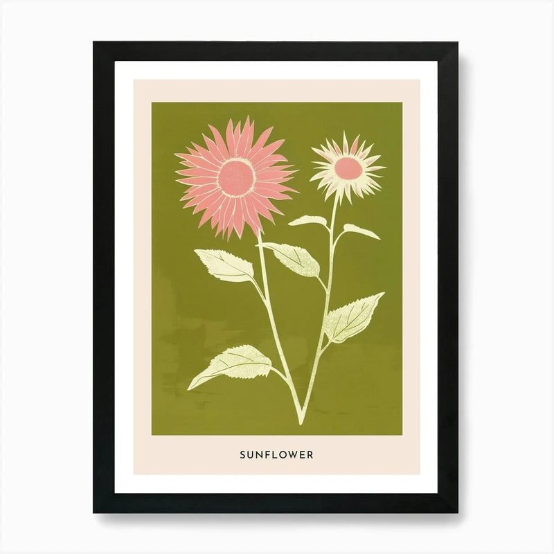 Framed sunflower wall art print with pink and cream blooms on green background, white mat