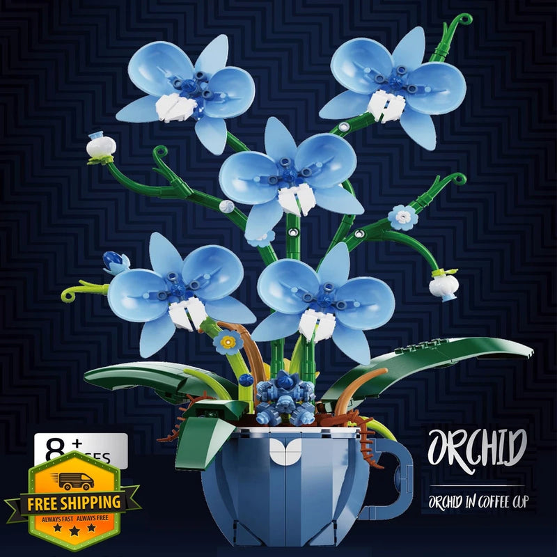 Blue orchid flower building set with 5-petal blooms in a pot, 567-piece set