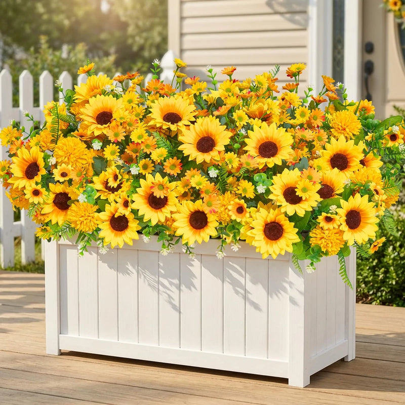 Artificial sunflower planter box with dense yellow and orange faux blooms