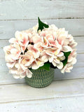 8" Small Artificial PINK HYDRANGEA faux Silk flowers potted in Teal/Cream Cerami Hydrangea