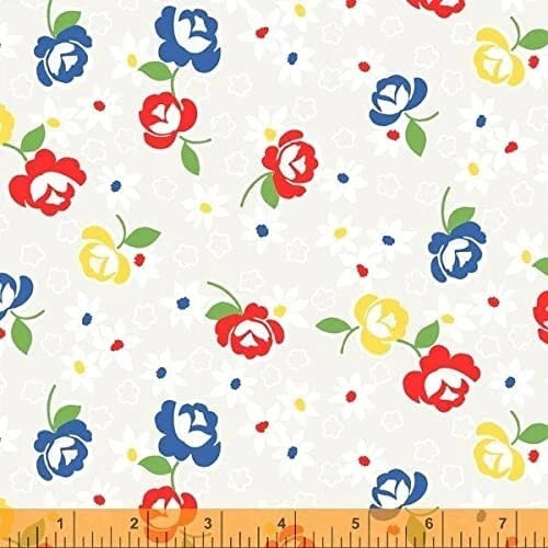 Off-white cotton fabric with multicolor rose and small floral print
