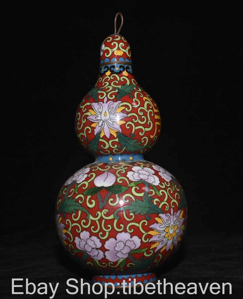 Cloisonne enamel gourd bottle vase with red, green swirls and white peony flowers, loop top