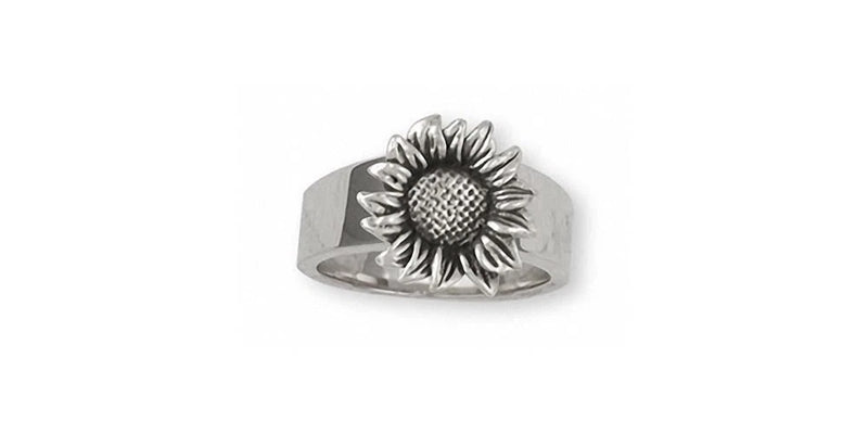 Sterling silver sunflower flower ring with raised center and etched petals