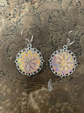 Retro Mod Apricot Sunflower Glitter Silver Fiore Lever Back Dangling Earrings Sunflower