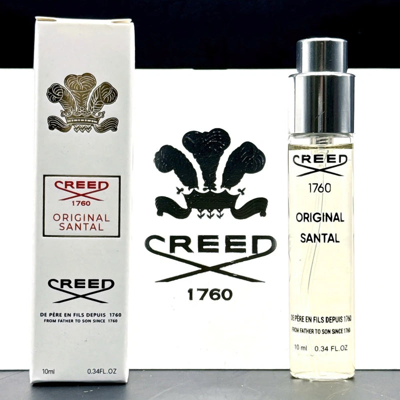 Creed Original Santal perfume sample spray, 10 ml clear glass bottle with box.