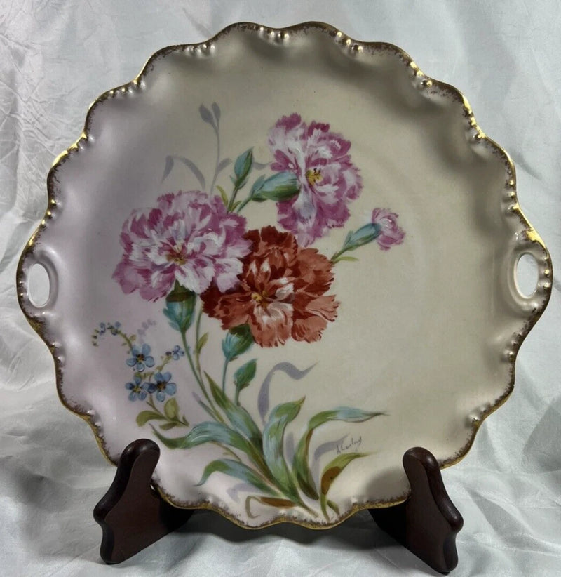 Limoges Hand Painted Cake Plate, Artist Signed, Carnations Carnation