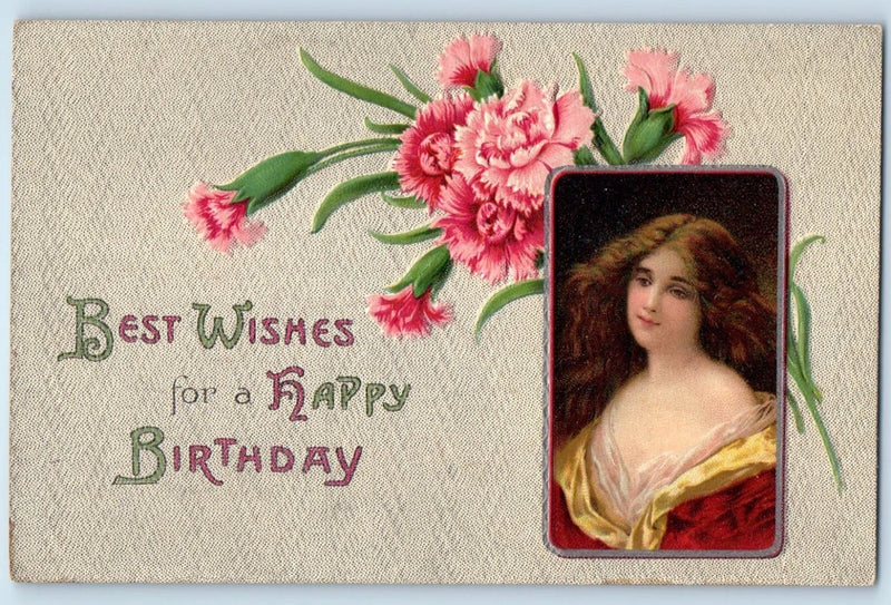 Birthday postcard with pink carnations and a framed portrait of a woman