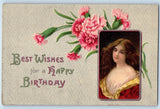 Birthday Pretty Woman Curly Long Hair Carnation Flowers Clapsaddle Postcard Carnation